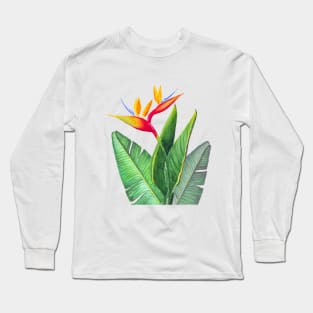 Tropical strelitzia Bird of Paradise flower  watercolor illustration Long Sleeve T-Shirt